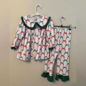Little Bear Smocks Festive Red and Green Bow Outfit